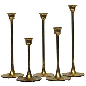 Vtg 1970s 5 Brass Taper Candlesticks Holders Graduating Dinner Tiered Skinny